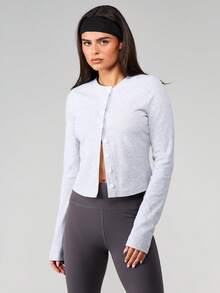 MISSGUIDED Ribbed Button Front Cardigan Long Sleeve Crew Neck Regular Fit Casual Layering Top Fall Winter Essential - Grey - View 5
