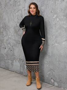 SHEIN LUNE Vestido ajustado de cuello redondo de manga larga con patrón geométrico de brillo clásico, minimalista y casual, adecuado para otoño/invierno, talla grande - Multicolor - Ver 3