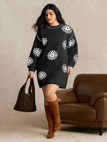SHEIN LUNE 大码女式冬季针织直筒宽松休闲向日葵提花落肩长袖毛衣连衣裙 - 黑色 - 查看 3