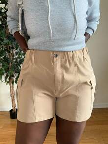Truni Theloveshegives Plus Size Women's Solid Color Simple Daily Shorts, For Pear Triangle Body Shape, For Body Shape, For Summer - Khaki - View 5