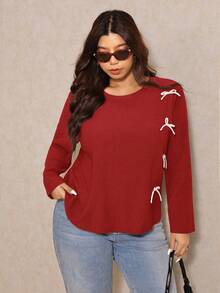 Elaquor 大码女式蝴蝶结装饰圆领休闲长袖T恤，春秋季 - 紅色 - 查看 1