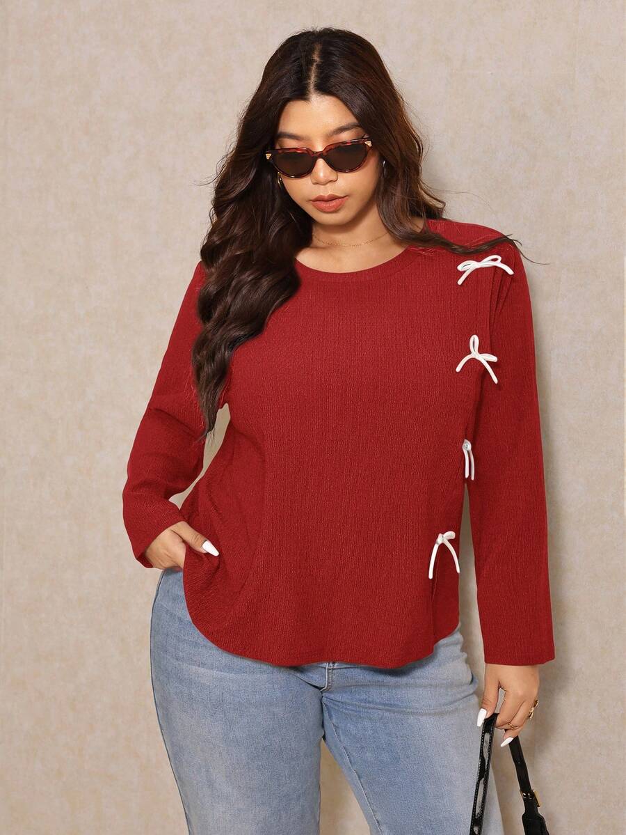 Elaquor 大码女式蝴蝶结装饰圆领休闲长袖T恤，春秋季 - 紅色 - 查看 1