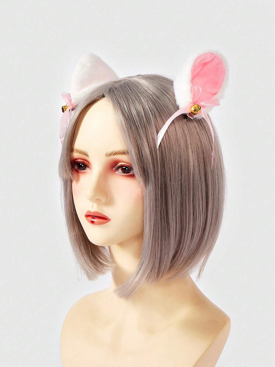 ROMWE Kawaii 4 件套铃铛猫耳朵仿兔毛猫耳朵发夹，猫铃铛装饰发夹，狐狸小猫发饰，猫耳朵爪夹发爪发夹，冬季