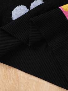 Girls Black Floral Knitted Long Sleeve Sweater Dress,Cute Flower Pattern French Style Autumn Dress For Holiday,Back-To-School Fashion Long Sweater - Black - View 6
