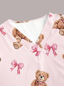 PopScrub Women's Casual Polka Dot Cartoon Bear Print Nursing Scrub Uniform Top - Multicolor - View 4