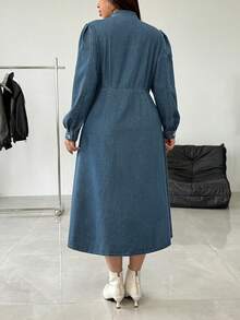 Rivivi Plus Size Women Retro American Fashion High-End Long Sleeve Tie Collar Denim Dress - Dark Wash - View 2