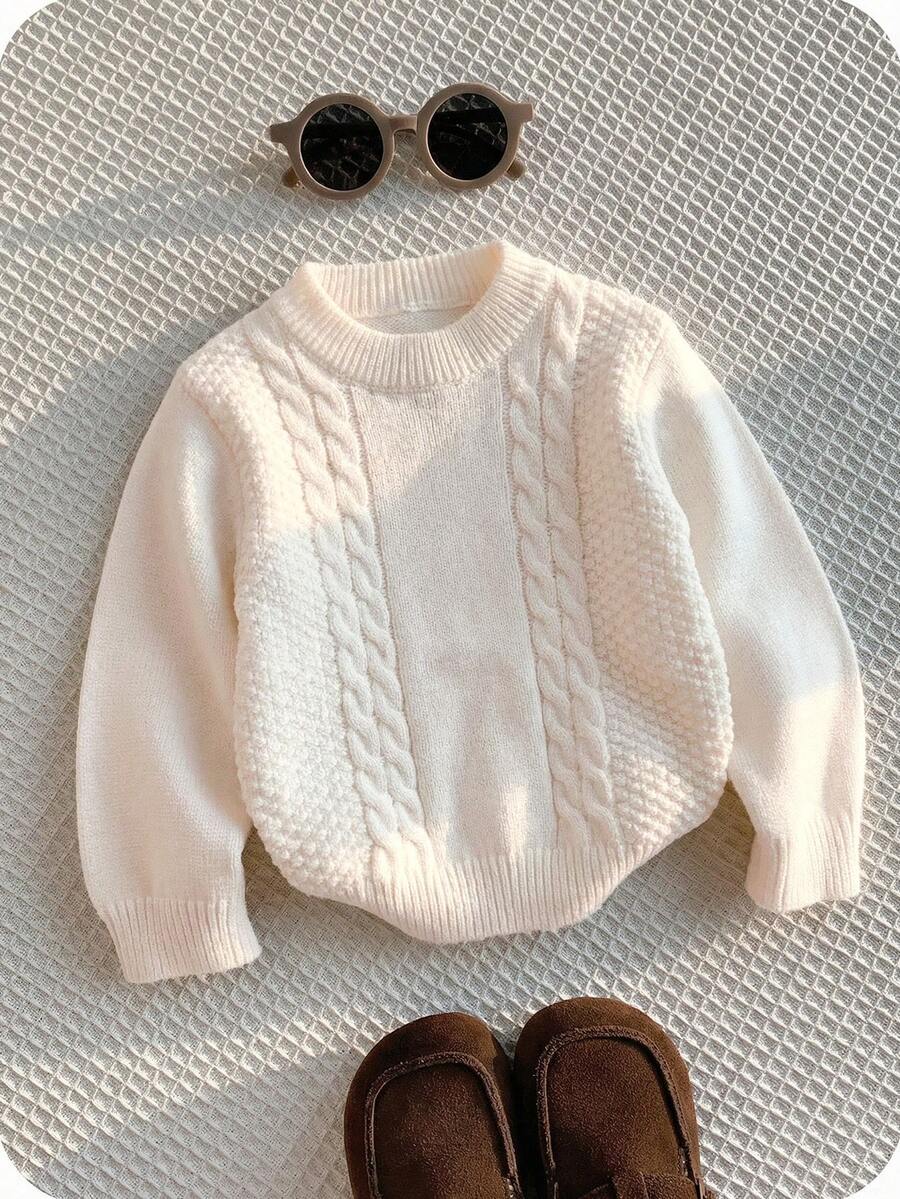 SHEIN 男女宝宝几何图案长袖针织衫，休闲可爱，适合男宝宝和女宝宝，秋冬季 - 杏色 - 查看 1