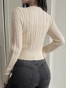 DAZY Women's Fitted Waist Cable Knit Cropped Cardigan - Apricot - View 3