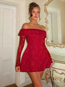 Glamine Charm Women's Elegant Jacquard Off-Shoulder Lace Splice Mini Dress, Suitable For Birthday Party, Back To School, Graduation Dance, Sisters Gathering, Afternoon Tea, Christmas Party, New Year Party, Thanksgiving Outfit Dinner Date Dress Birthday Dinner Dress Off Shoulder Dress Red Lace Dress Women Sexy Red Dress Christmas Party Dress - Red - View 5