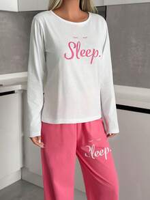 EURMUSE Women 2 Pcs Contrast Colour Lettered Printed Long Sleeve Top&Sloid Colour With Lettered Detail Pants Homewear Set - Multicolor - View 4