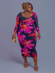 CurvyTilda Fall Clothes For Women,WinterPlus Size Elegant Floral Print Fitted Dress/Autumn /Winter - Black - View 4