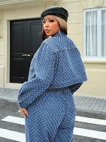 SHEIN ICON Jaket Denim Rajut Kasual Ukuran Besar untuk Wanita, Musim Gugur/Musim Dingin - Medium Wash - View 2
