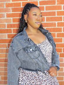 Truni Plus Size Distressed Denim Jacket, Casual For Autumn - Black - View 5