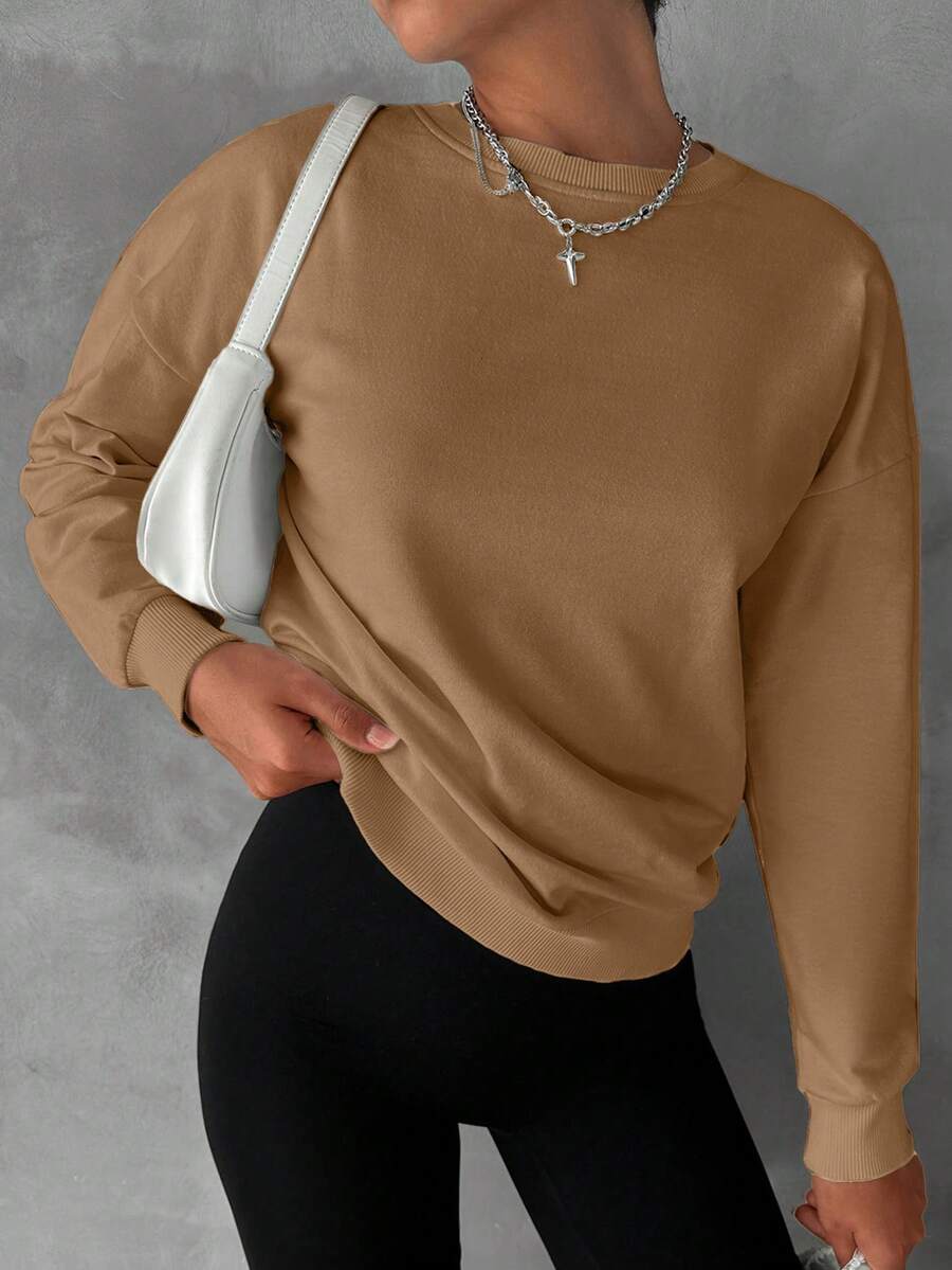 Cotton Solid Drop Shoulder Sweatshirt - Camel - View 1