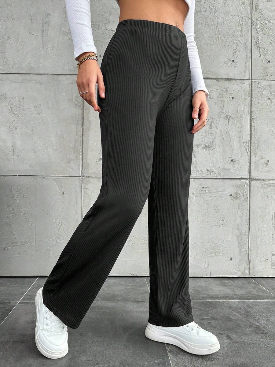 Plus Size Casual Solid Color Straight Leg Pants - Dark Grey - View 1