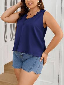 SHEIN Privé Elegant V-Neck Lace Splice Glossy Sleeveless Plus Size Blouse, Suitable For Office, Casual Outing, Travel & Holiday, Summer - Navy Blue - View 5