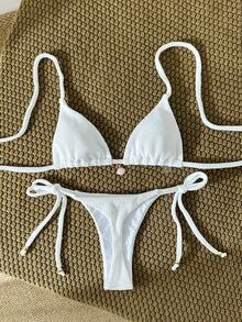 Swim Mod Women's Jacquard Fabric Halter Metallic Decor Sexy Bikini Set, Summer - White - View 1