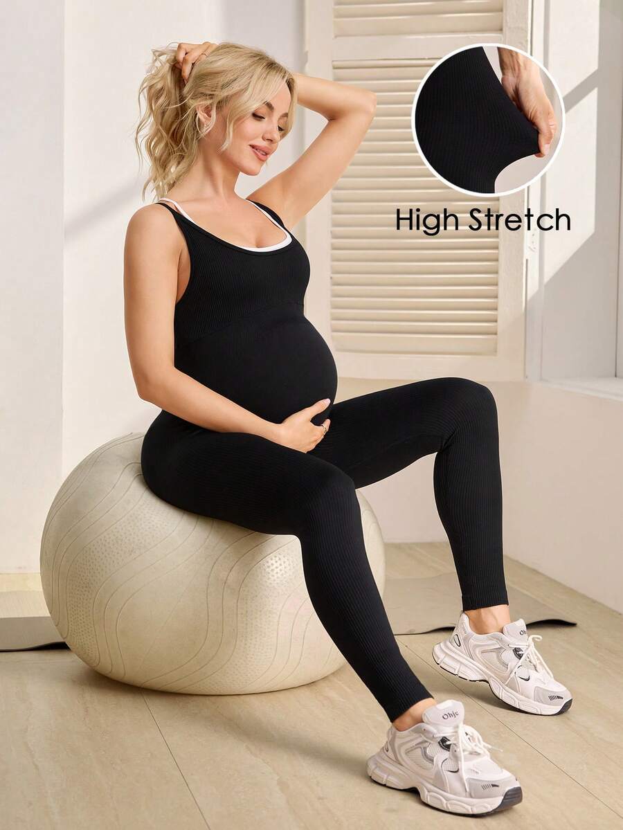 SHEIN 孕妇罗纹露背交叉设计无袖休闲瑜伽连体裤 - 黑色 - 查看 1