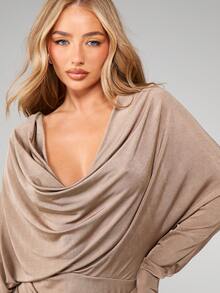 MISSGUIDED Slinky Cowl Neck Draped Mini Dress With Ruched Skirt Long Batwing Sleeves Bodycon Fall Winter Party Evening - Khaki - View 5