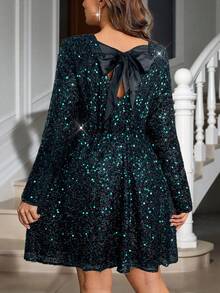 Reflora Plus Size Women Boat Neck Sequin Bowknot Back Decor Dress, Fashionable For Daily Wear And Party - Dark Green - View 1
