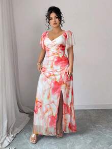 Elenzga Váy dài họa tiết hoa cắt ngẫu nhiên cho nữ, cổ chữ V, tay bèo nhún, xẻ eo, váy dài dự tiệc sang trọng cho ngày lễ lãng mạn - Nhiều màu - Xem 5