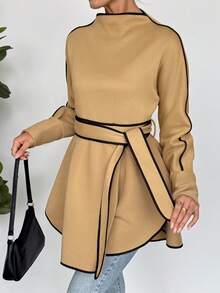 EMERY ROSE Camicia elegante oversize con colletto a contrasto di colore unito - Cachi - Visualizzare 7