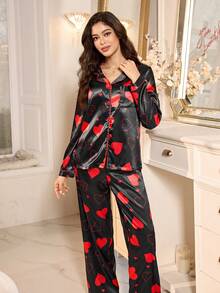 LuxeNights Heart Print Faux Silk Lapel Collar Long Sleeve Pajama Set - Black - View 5