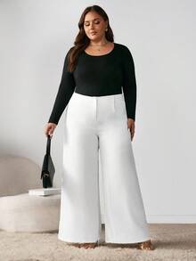 Enliva Ry2ky Plus Size Solid Color Wide Leg Pants, For Apple Rounded Body Shape, For Body Shape, For Summer - White - View 6