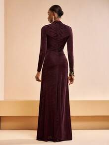 Zivah 2026春夏新款音乐节、复活节、圣帕特里克节、情人节、约会、西部、游牧风格立领褶皱设计长袖A字收腰亮面长款派对连衣裙 - 棕色 - 查看 3