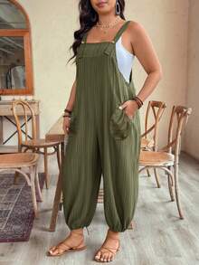 EMERY ROSE Plus Size Women's Elegant Textured Loose Jumpsuit With Adjustable Straps, Suitable For Early Spring - Green - View 6
