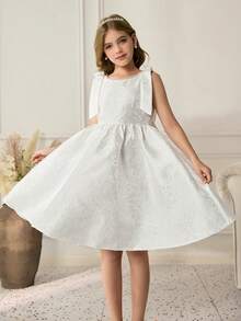 Mädchen Prinzessin Kleid, süß & elegant Kinder Geburtstags Party Kleid, Blumenmädchen Hochzeitskleid, französischer Stil hochwertig mit großer Schleife verziertes Kleid - Weiss - Übersicht 6