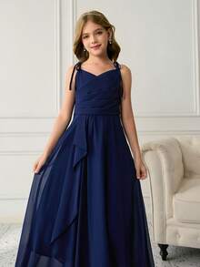 Elegant Navy Blue Summer Flower Girl Dress,Traditional Wedding Princess Ball Gown,Sleeveless Chiffon Tulle Graduation Dress For Tween Girl,Formal - Navy Blue - View 5