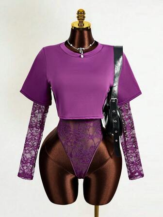 BamGleam Women's Long Sleeve Sexy Lace Bodysuit