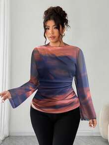 Elenzga Áo thun dài tay co giãn, dáng ôm, xếp ly, in họa tiết ombre, chất liệu lưới, dành cho nữ cỡ lớn, kiểu dáng cổ điển thanh lịch, thích hợp mặc mùa xuân/thu. Áo dài tay xuyên thấu cho nữ cỡ lớn, áo ôm dáng, áo tay chuông. - Màu tím - Xem 3