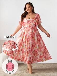 Enliva Ry2ky Plus Size Boho Vintage Women's Spring Vacation/Valentine's Day Pink Floral Print Chiffon Square Neck Chest-Ruched Ruffle Hem Long Dress, For Summer,Beach Dress Sundress,Holiday Outfits, For Apple Rounded Body Shape - Multicolor - View 12