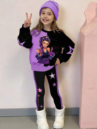 Sparklyn 2pcs/Set Tween Girls K-Pop Cartoon Character Graphic Sweatshirt And Leggings Set, Suitable For K-Pop Fans And Everyday Wear, Casual Pullover Pullover Sweatshirt, Suitable For Daily, Outdoor, Sports And School, Autumn/Winter Girls Casual Set. Teenage Girls Casual Sweatshirt And Leggings Set, Suitable For Teenage Girls