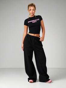 MISSGUIDED Ironically Hot Slogan Short Sleeve Crew Neck Fitted Crop Tee With Pink Text Print - Black - View 4