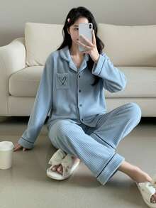 女童睡衣，莲藕粉色，新款简约时尚爱心刺绣长袖长裤两件套睡衣套装 - 淺藍色 - 查看 3