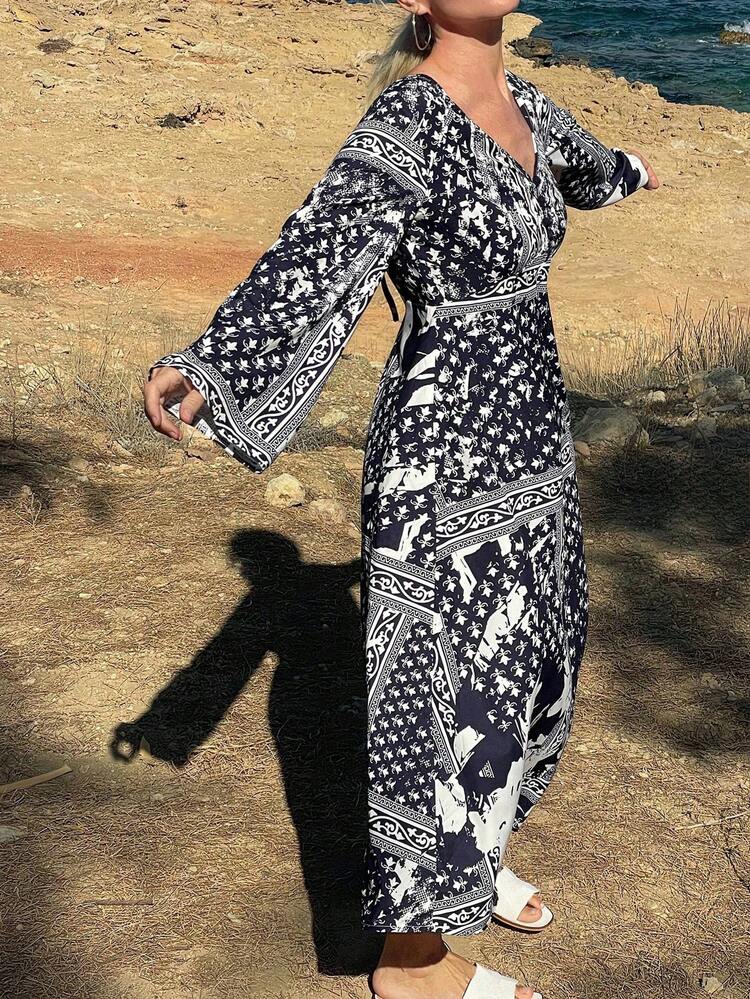 Women's V-Neck Patterned Allover Print Mid-Length Dress Maxi Dress Boho