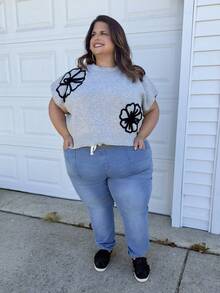 Enliva Plus Size Sexy Stretch Color Block Wide Waistband Blue Denim Jeans, For Apple Rounded Body Shape - Light Wash - View 10