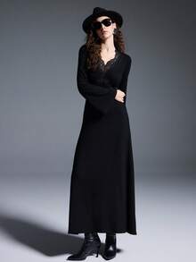 MYSTAURA Women's Casual Lace Collar Patchwork A-Line Fashionable & Comfortable Minimalist Dress - Black - View 4