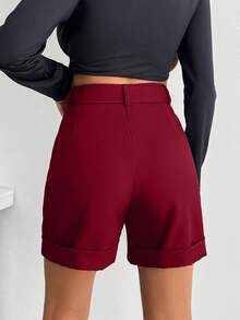 EURMUSE Women Elegant Solid Color Short With Belt Details - Burgundy - View 2