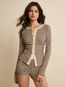 Poéselle 女士条纹长袖上衣和短裤两件套 - 棕色 - 查看 6