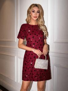 Ellevyn 亮片镂空露背束腰连衣裙 舞会礼服 约会之夜礼服 - 酒紅色 - 查看 2