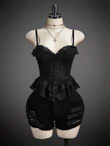 SHEIN ICON Áo camisole nữ màu trơn phối ren ôm sát gợi cảm - màu đen - Xem 7