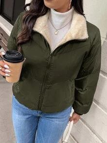 SHEIN Frenchy 大码女式休闲日常通勤多功能保暖拉链羽绒服，秋冬季 - 軍綠色 - 查看 2