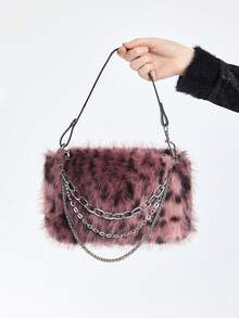 ROMWE Grunge Punk 1pc Women's Burgundy Leopard Spotted Faux Fur Shoulder Bag With Chain, Fashionable For Autumn/Winter, New Arrival Fur Bag For Women - Burgundy - View 4