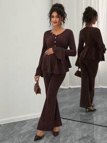 Momance 2pcs Maternity Ruffle Trim Button Split Crew Neck Long Sleeve Top And Flare Leg Pants Set - Brown - View 1