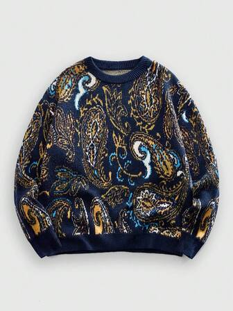 Jersey de cuello redondo para hombre con patrón de anacardo vintage tejido