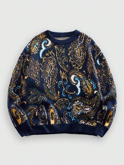 ROMWE MEN Men's Crew Neck Cashew Pattern Vintage Knit Sweater